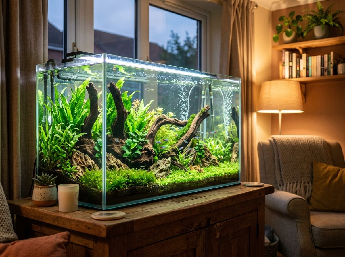 A planted freshwater aquarium glowing on a wooden stand