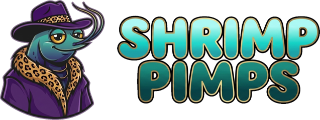 Shrimp Pimps — a shrimp in a purple pimp hat and jaguar collar beside the wordmark