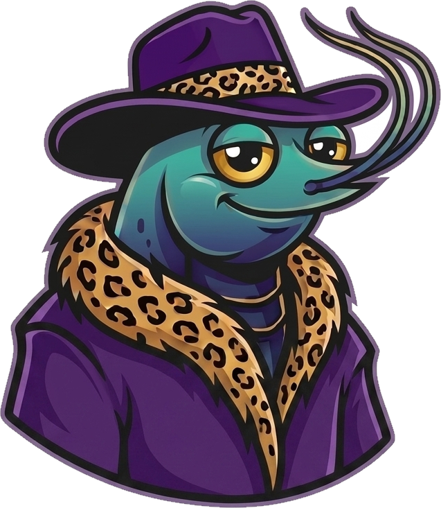 The Shrimp Pimps mascot — a shrimp in a purple pimp hat and jaguar collar