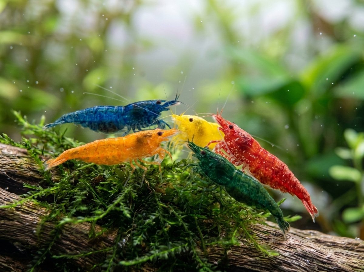 Five neocaridina shrimp in different colors — red, blue, yellow, orange, and green — on java moss